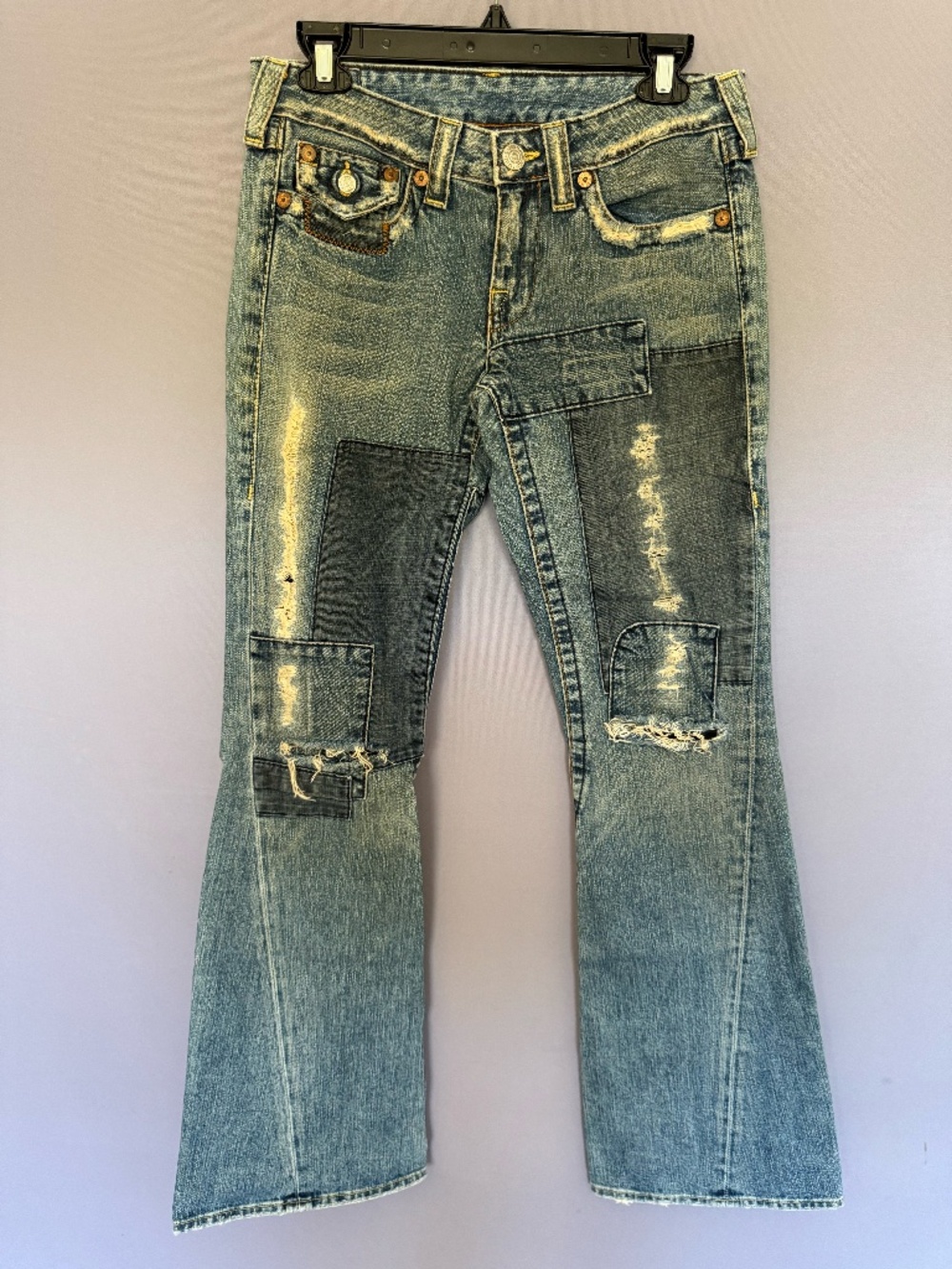 True Religion "Joey" Distressed Patchwork Flare Jeans — Size 28